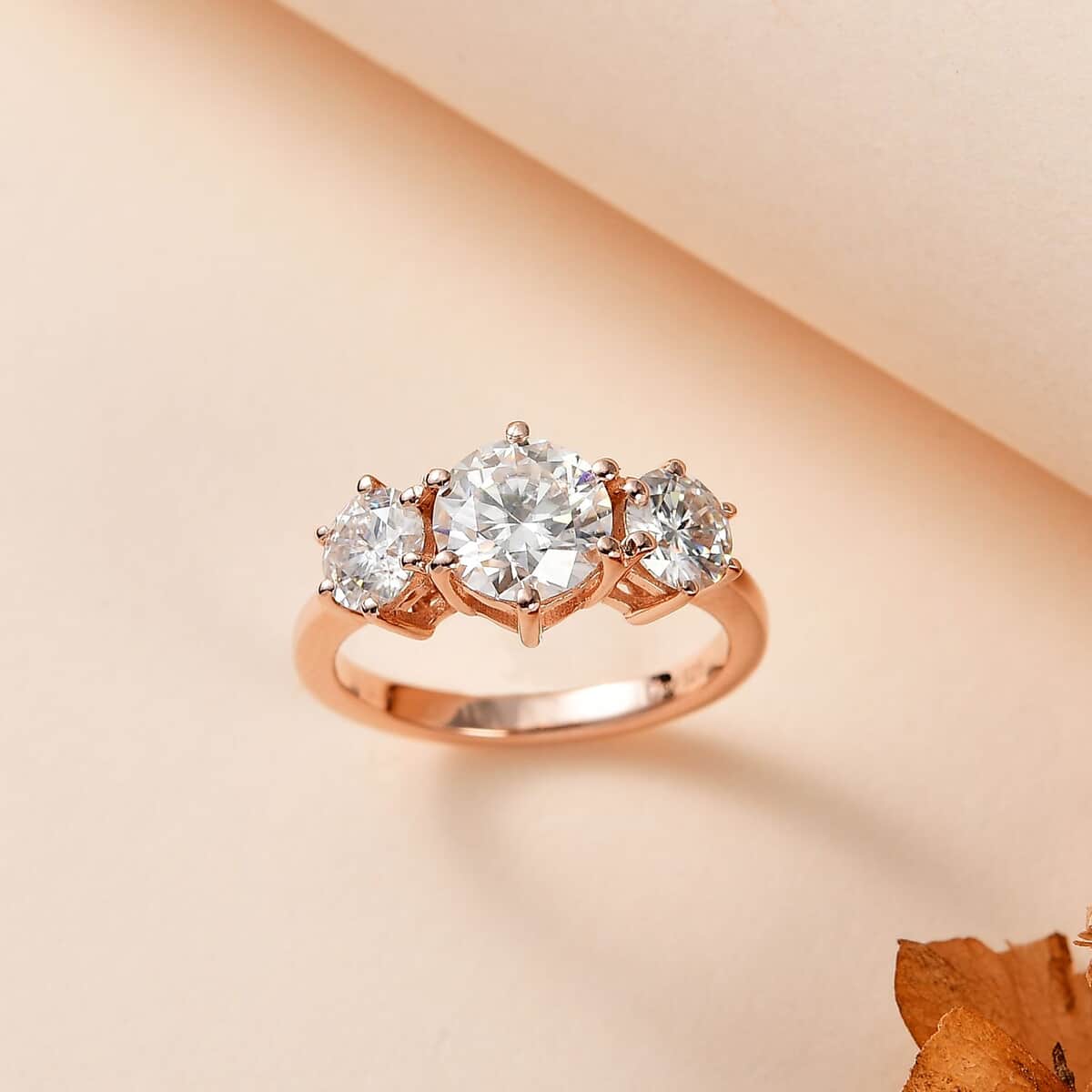 Moissanite 3 Stone Ring in Vermeil Rose Gold Over Sterling Silver (Size 6.0) 2.00 ctw image number 1