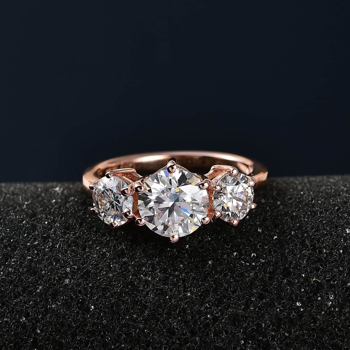 Moissanite 3 Stone Ring in Vermeil Rose Gold Over Sterling Silver (Size 6.0) 2.00 ctw image number 2