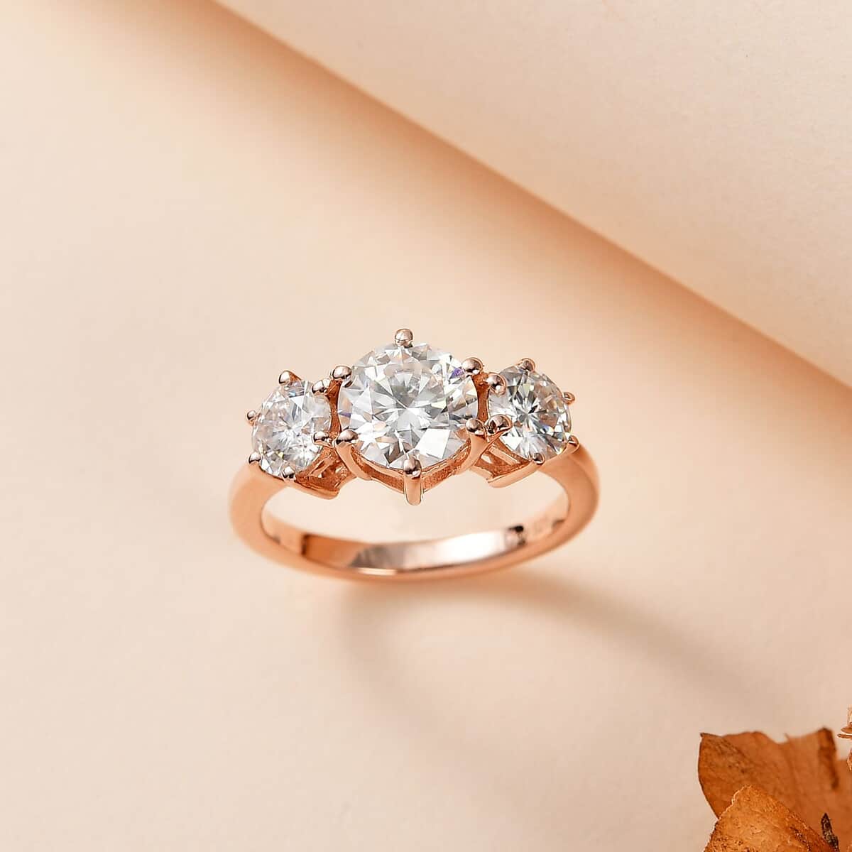 Moissanite 3 Stone Ring in Vermeil Rose Gold Over Sterling Silver (Size 7.0) 2.00 ctw image number 1