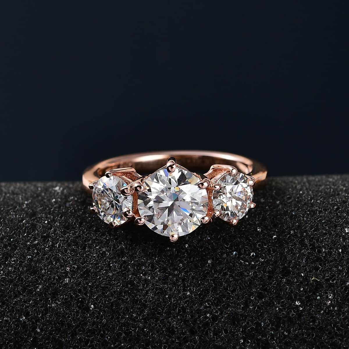 Moissanite 3 Stone Ring in Vermeil Rose Gold Over Sterling Silver (Size 7.0) 2.00 ctw image number 2