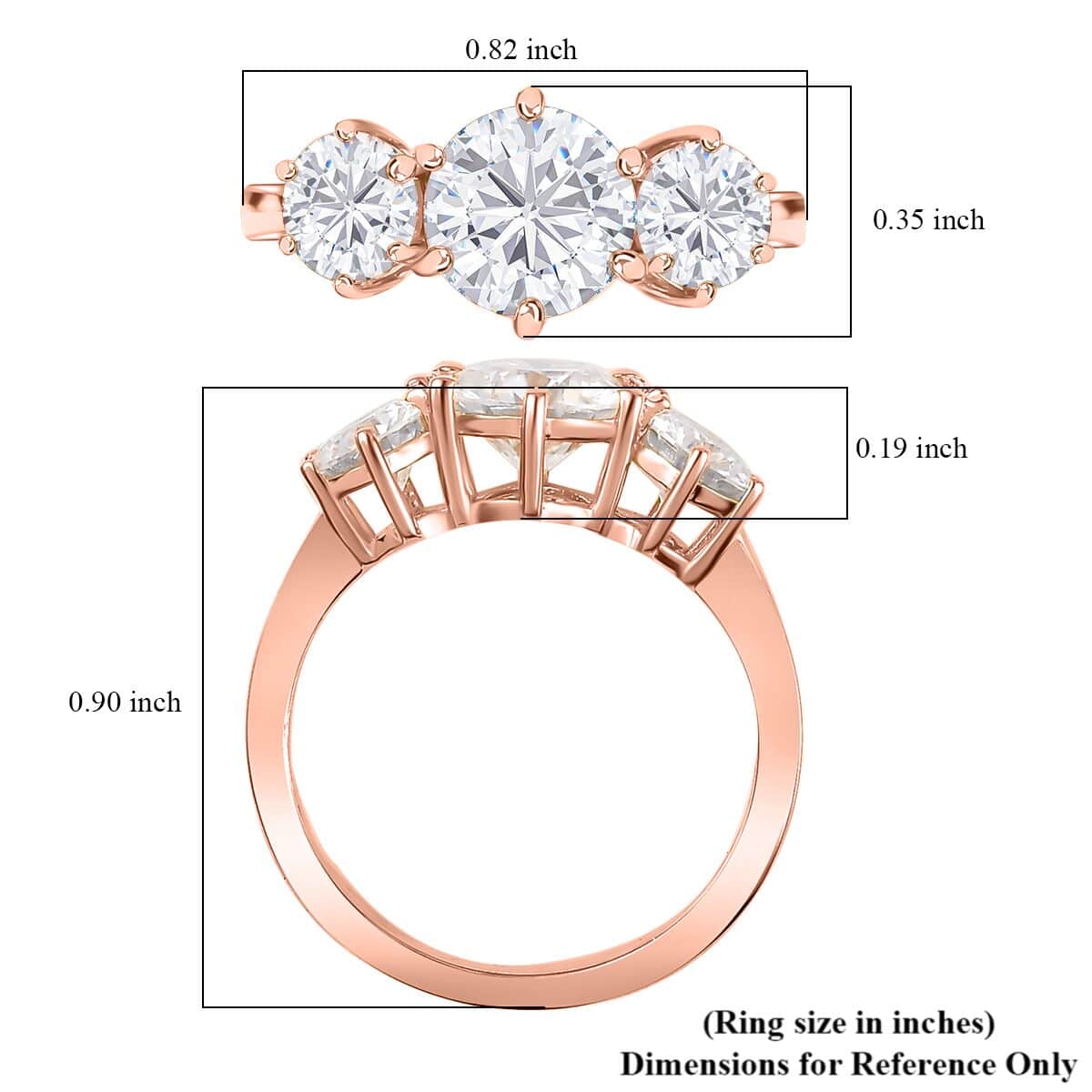 Moissanite 3 Stone Ring in Vermeil Rose Gold Over Sterling Silver (Size 9.0) 2.00 ctw image number 6