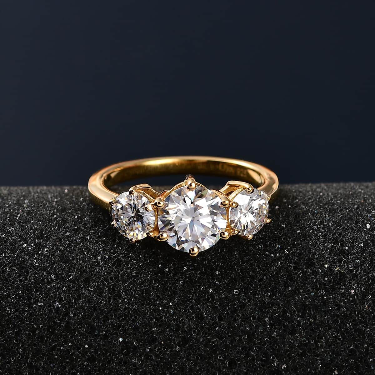 Moissanite 3 Stone Ring in Vermeil Yellow Gold Over Sterling Silver (Size 10.0) 2.00 ctw image number 2