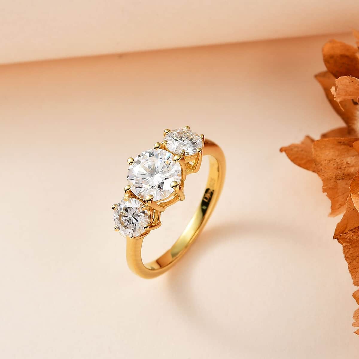 Moissanite 3 Stone Ring in Vermeil Yellow Gold Over Sterling Silver (Size 6.0) 2.00 ctw image number 1