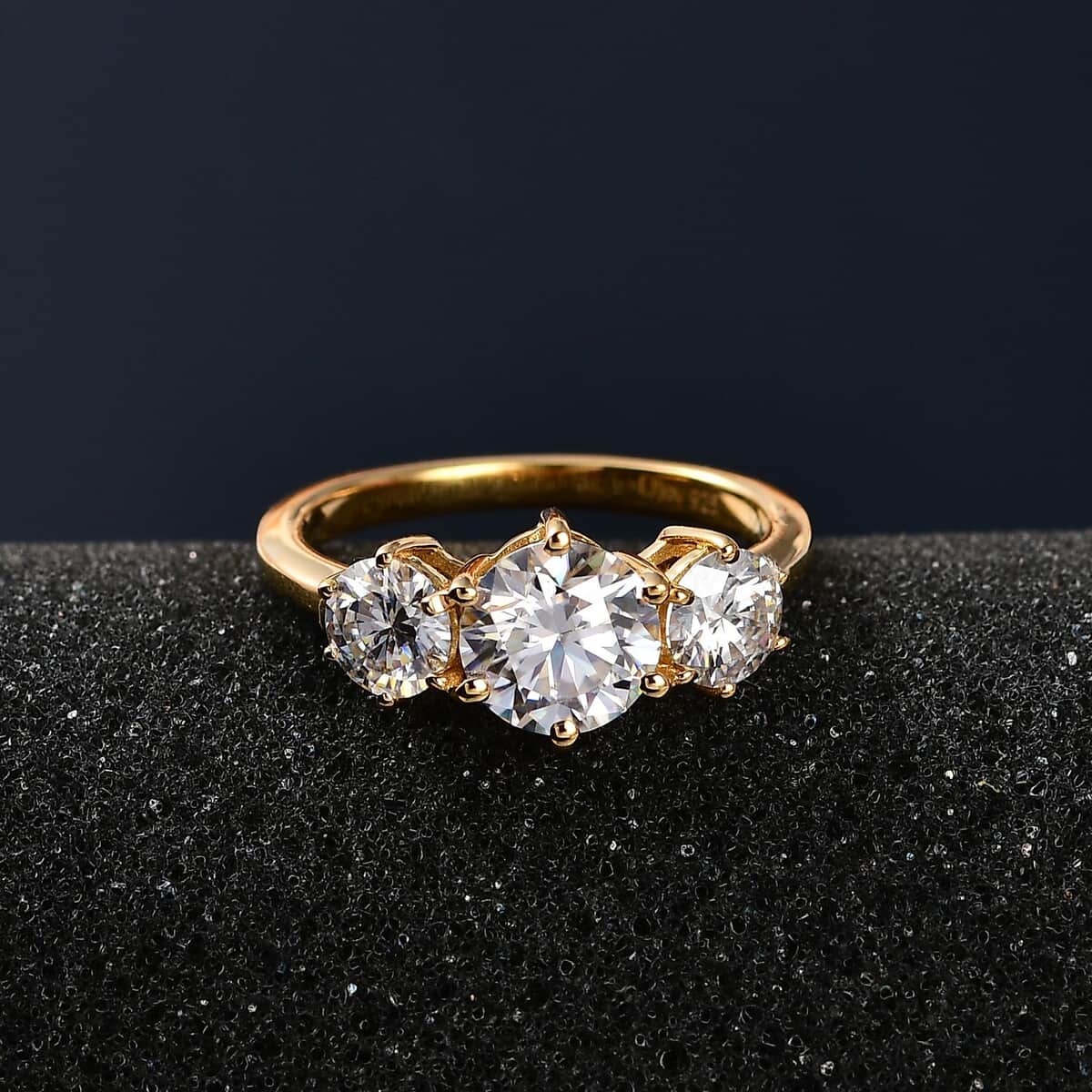 Moissanite 3 Stone Ring in Vermeil Yellow Gold Over Sterling Silver (Size 7.0) 2.00 ctw image number 2