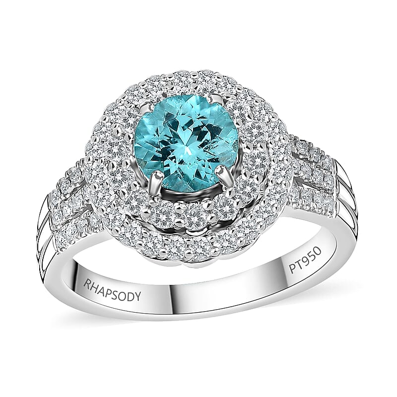 Certified & Appraised Rhapsody 950 Platinum AAAA Paraiba Tourmaline and E-F VS Diamond Double Halo Ring (Size 8.0) 9.38 Grams 2.20 ctw