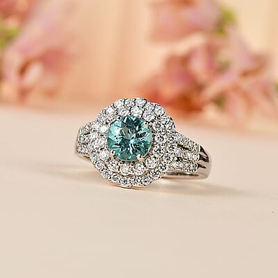 Certified & Appraised Rhapsody 950 Platinum AAAA Paraiba Tourmaline and E-F VS Diamond Double Halo Ring (Size 8.0) 9.38 Grams 2.20 ctw