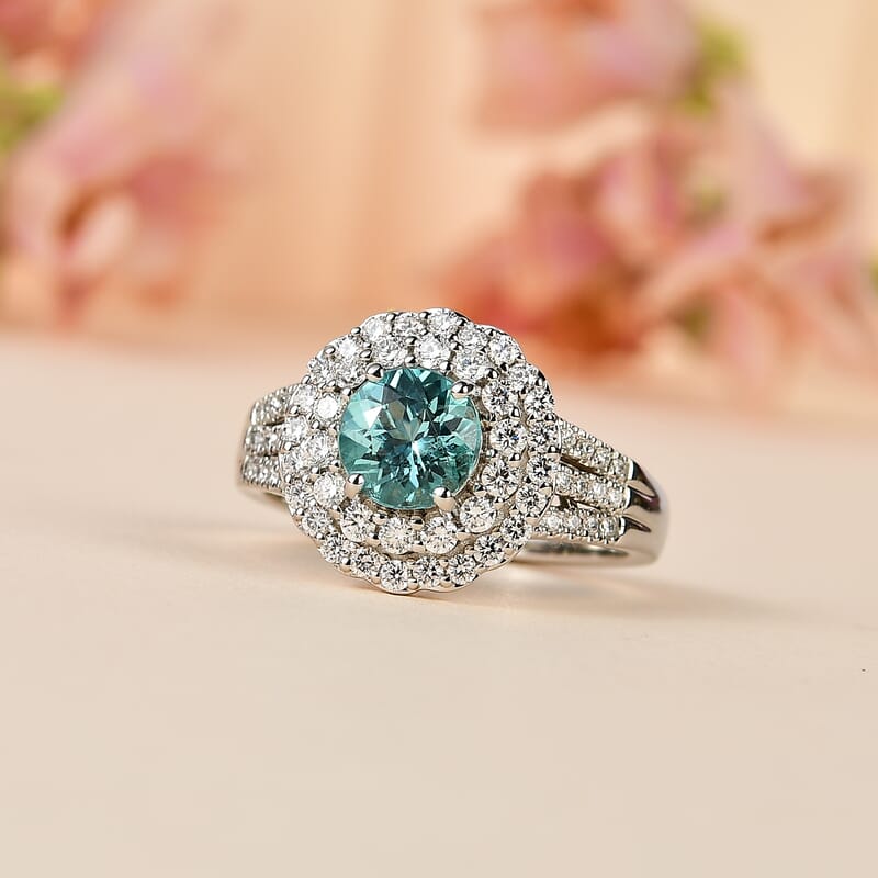 Certified & Appraised Rhapsody 950 Platinum AAAA Paraiba Tourmaline and E-F VS Diamond Double Halo Ring (Size 8.0) 9.38 Grams 2.20 ctw