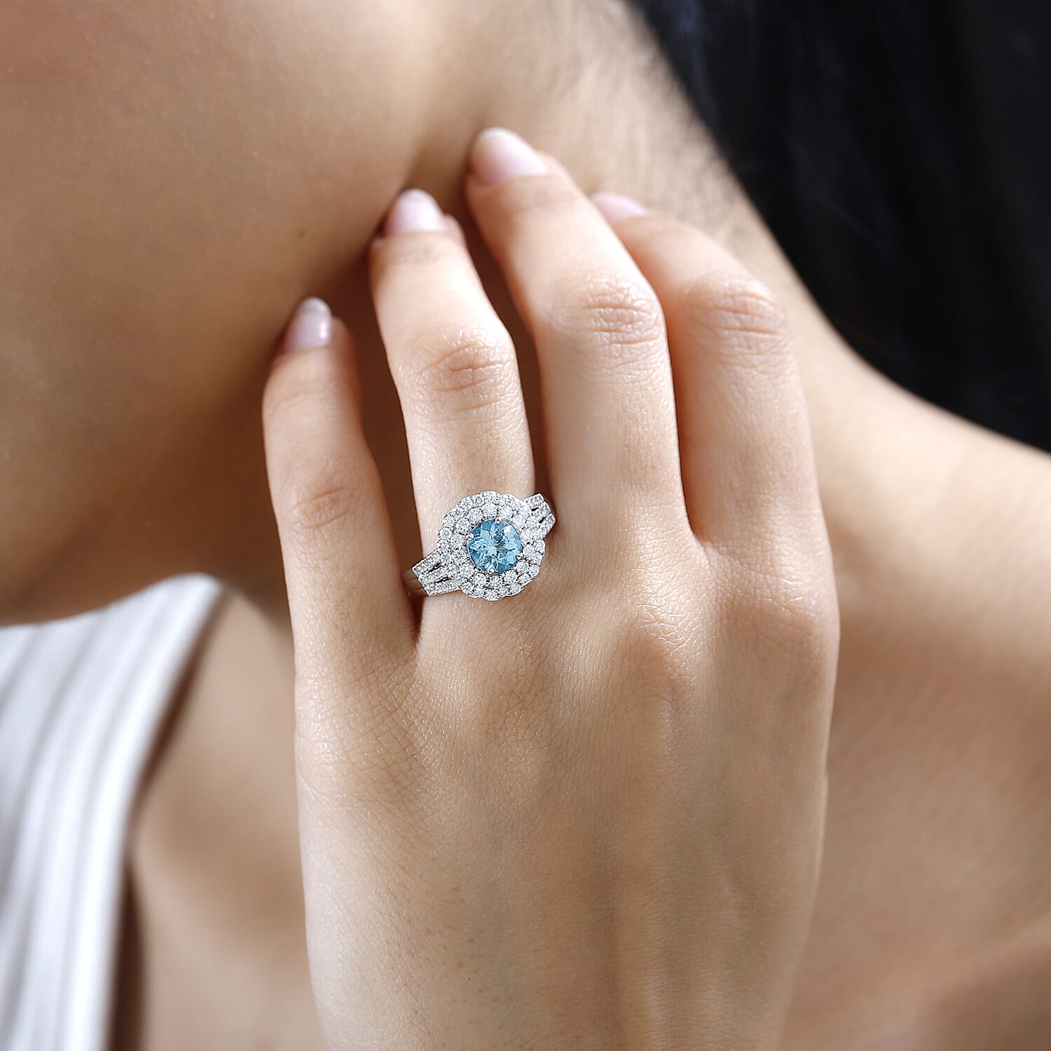 Certified & Appraised Rhapsody 950 Platinum AAAA Paraiba Tourmaline and E-F VS Diamond Double Halo Ring (Size 8.0) 9.38 Grams 2.20 ctw