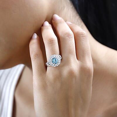 Certified & Appraised Rhapsody 950 Platinum AAAA Paraiba Tourmaline and E-F VS Diamond Double Halo Ring (Size 8.0) 9.38 Grams 2.20 ctw