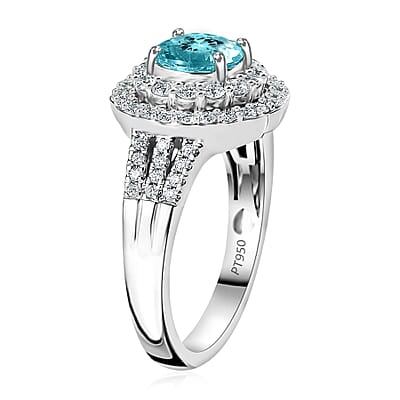 Certified & Appraised Rhapsody 950 Platinum AAAA Paraiba Tourmaline and E-F VS Diamond Double Halo Ring (Size 8.0) 9.38 Grams 2.20 ctw