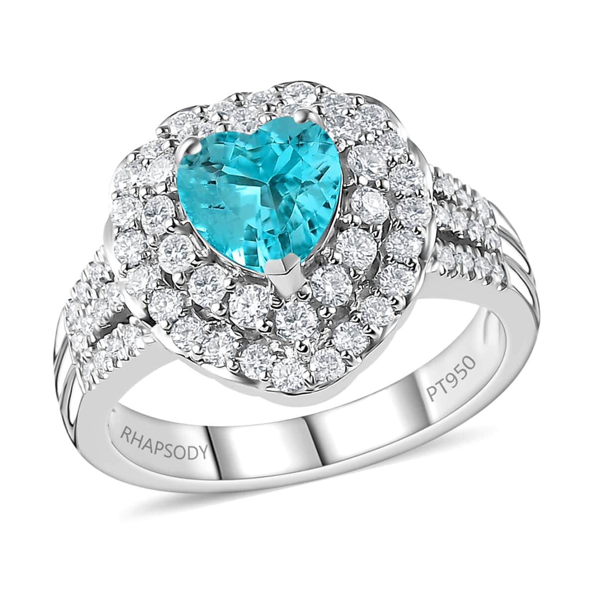 Rhapsody 950 Platinum AAAA Paraiba Tourmaline and E-F VS2 Diamond Heart Ring (Size 7.0) 10.20 Grams 2.10 ctw (Del. in 10-12 Days) image number 0