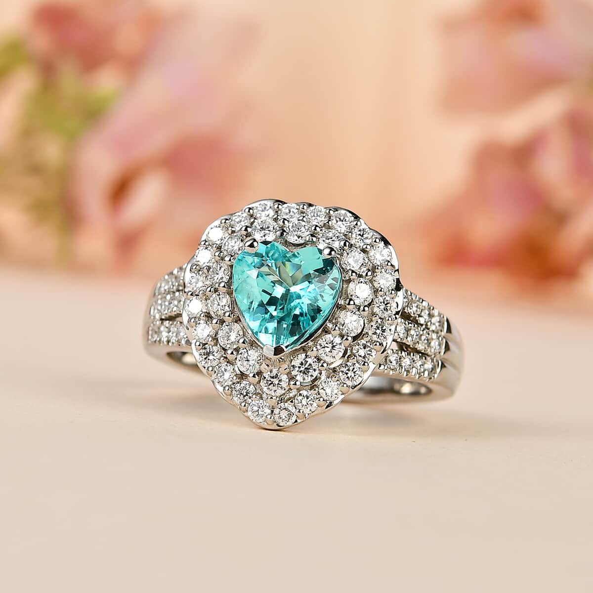 Rhapsody 950 Platinum AAAA Paraiba Tourmaline and E-F VS2 Diamond Heart Ring (Size 7.0) 10.20 Grams 2.10 ctw (Del. in 10-12 Days) image number 1