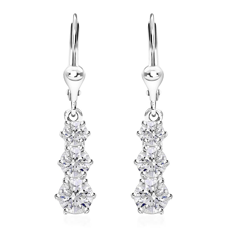Moissanite Lever Back Earrings in Platinum Over Sterling Silver 1.50 ctw