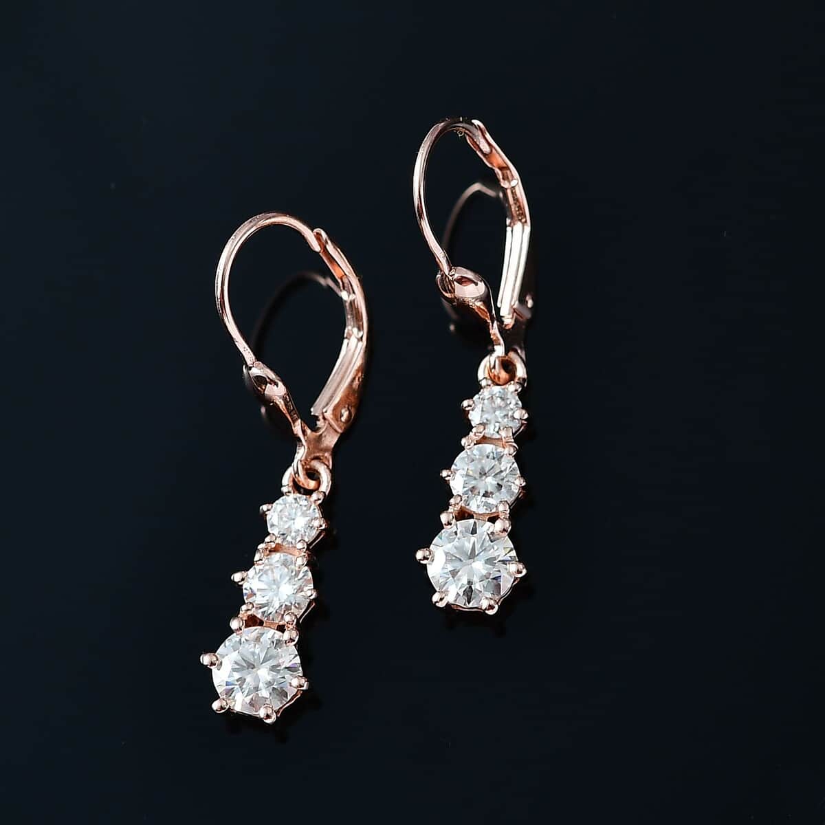 Moissanite Lever Back Earrings in Vermeil Rose Gold Over Sterling Silver 1.50 ctw image number 2