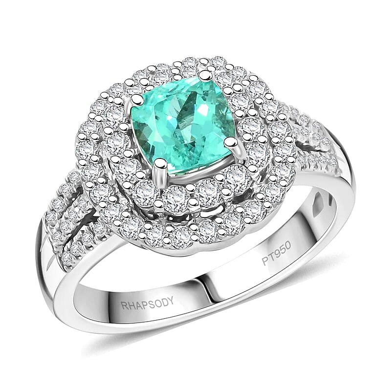 Certified & Appraised Rhapsody 950 Platinum AAAA Paraiba Tourmaline, Diamond (E-F, VS) (0.97 cts) Double Halo Ring (Size 10.0) (9.30 g) 2.30 ctw