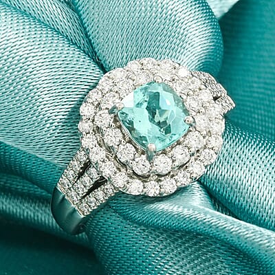 Certified & Appraised Rhapsody 950 Platinum AAAA Paraiba Tourmaline, Diamond (E-F, VS) (0.97 cts) Double Halo Ring (Size 10.0) (9.30 g) 2.30 ctw