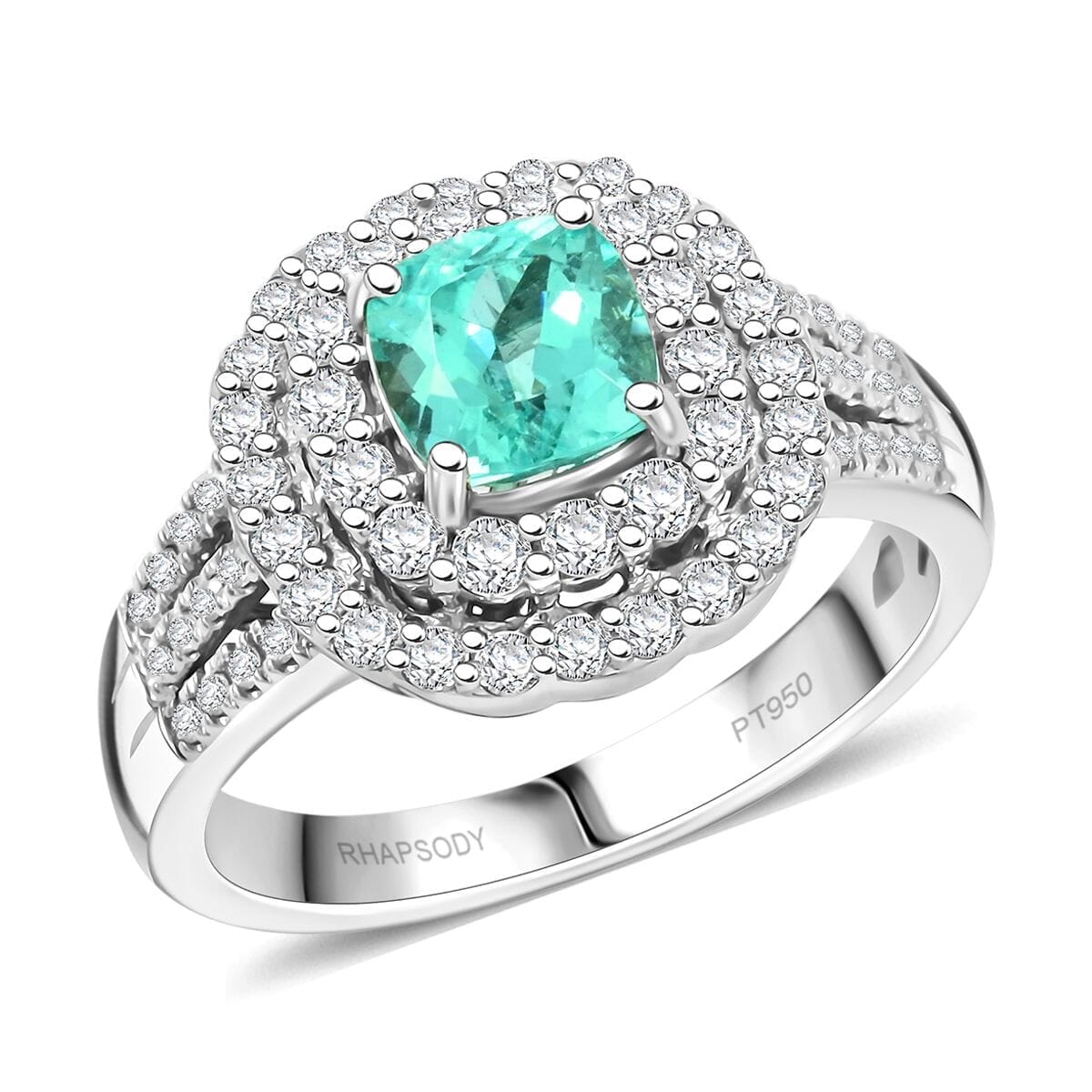 Certified & Appraised Rhapsody 950 Platinum AAAA Paraiba Tourmaline, Diamond (E-F, VS) (0.97 cts) Double Halo Ring (Size 6.0) (9.30 g) 2.30 ctw image number 0