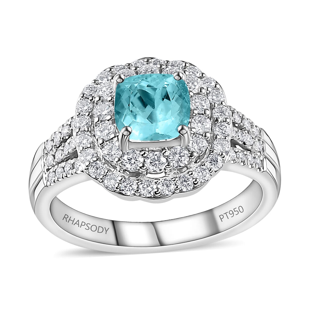 Certified & Appraised Rhapsody 950 Platinum AAAA Paraiba Tourmaline and E-F VS Diamond Double Halo Ring (Size 7.0) 9.30 Grams 2.30 ctw image number 0