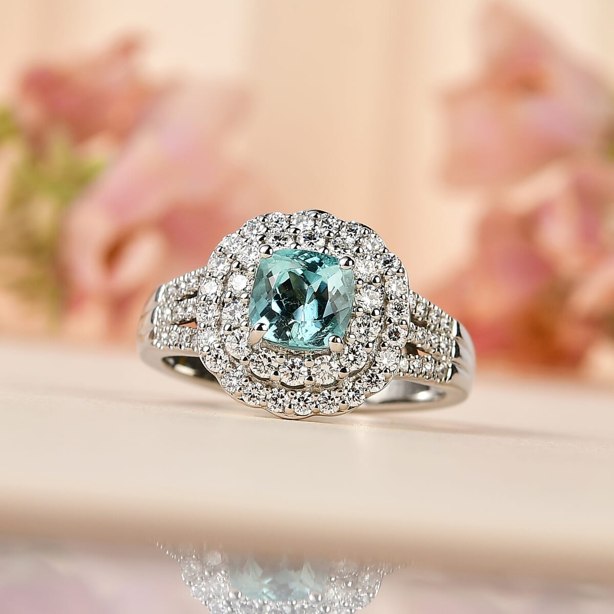 Certified & Appraised Rhapsody 950 Platinum AAAA Paraiba Tourmaline and E-F VS Diamond Double Halo Ring (Size 7.0) 9.30 Grams 2.30 ctw image number 1