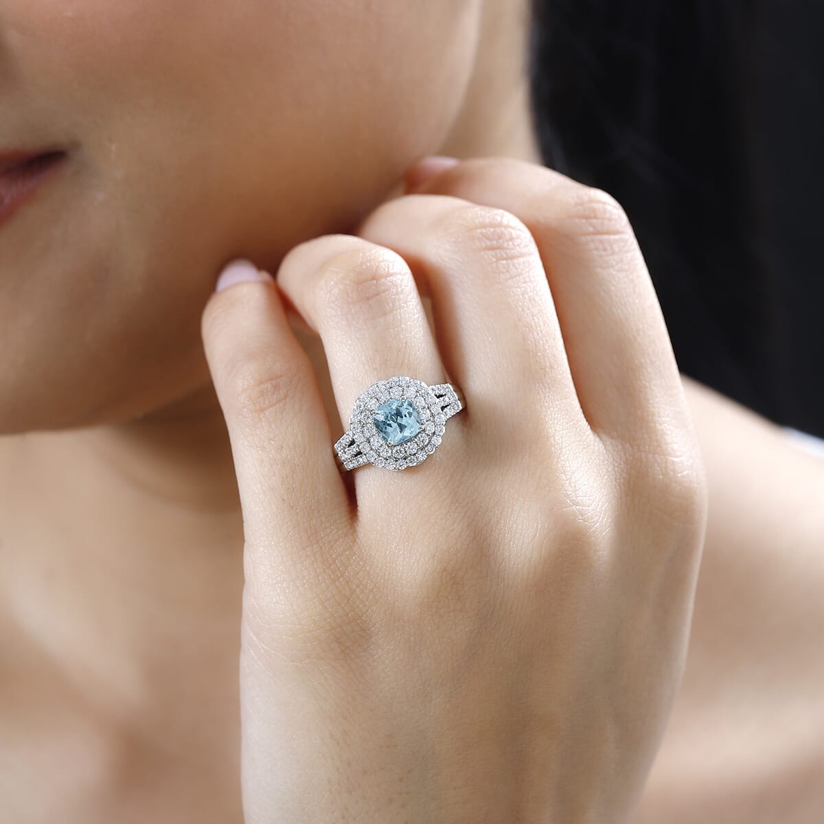 Certified & Appraised Rhapsody 950 Platinum AAAA Paraiba Tourmaline and E-F VS Diamond Double Halo Ring (Size 7.0) 9.30 Grams 2.30 ctw image number 2