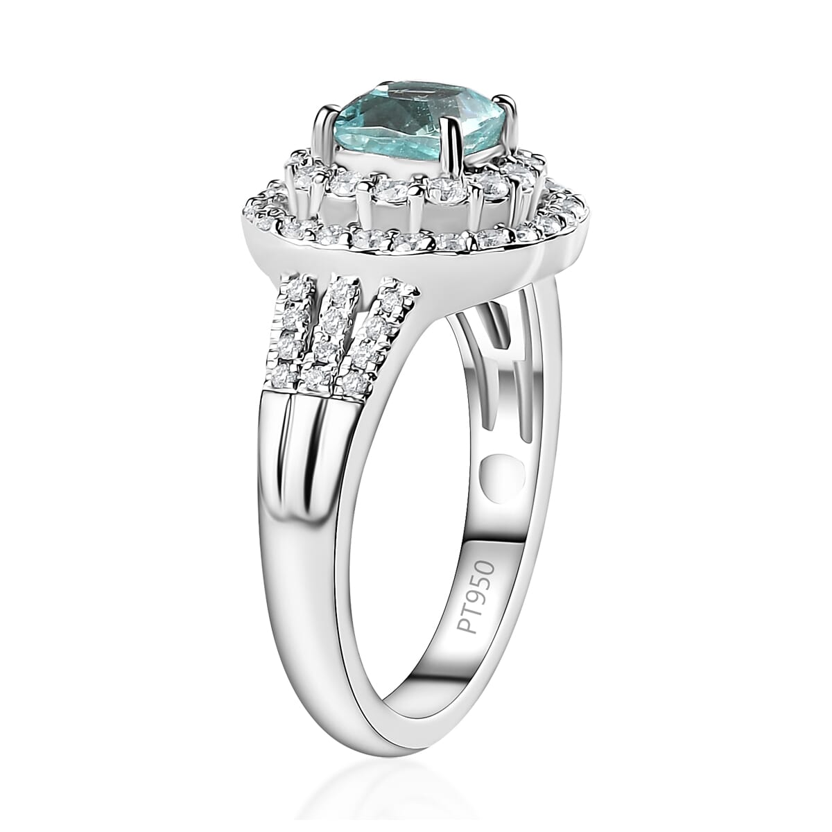 Certified & Appraised Rhapsody 950 Platinum AAAA Paraiba Tourmaline and E-F VS Diamond Double Halo Ring (Size 7.0) 9.30 Grams 2.30 ctw image number 3