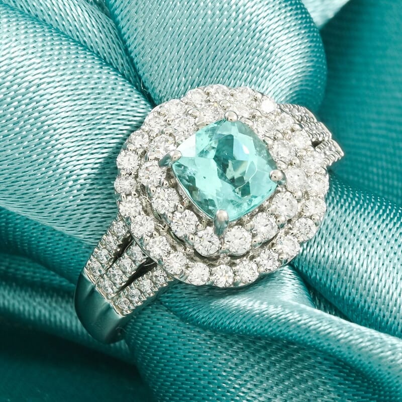 Certified & Appraised Rhapsody 950 Platinum AAAA Paraiba Tourmaline, Diamond (E-F, VS) (0.97 cts) Double Halo Ring (Size 9.5) (9.30 g) 2.30 ctw