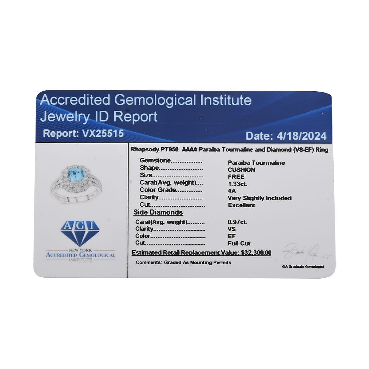 Certified & Appraised Rhapsody 950 Platinum AAAA Paraiba Tourmaline, Diamond (E-F, VS) (0.97 cts) Double Halo Ring (Size 9.5) (9.30 g) 2.30 ctw