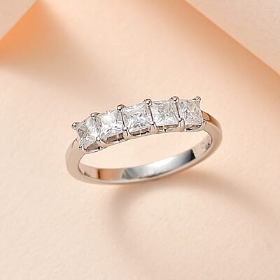 Moissanite 5 Stone Ring in Platinum Over Sterling Silver (Size 10.0) 0.75 ctw