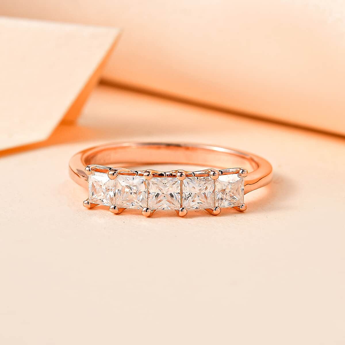 Moissanite 5 Stone Ring in Vermeil Rose Gold Over Sterling Silver (Size 5.0) 0.75 ctw image number 1