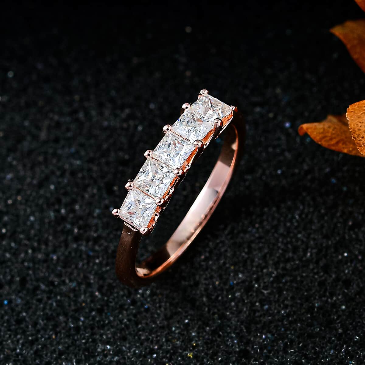 Moissanite 5 Stone Ring in Vermeil Rose Gold Over Sterling Silver (Size 5.0) 0.75 ctw image number 2