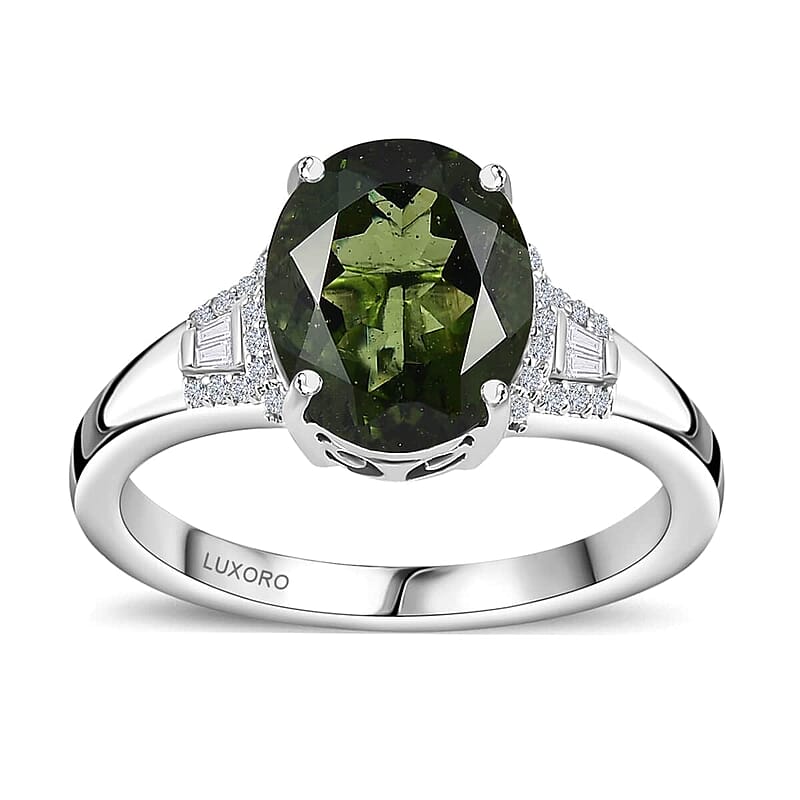 Luxoro AAA Bohemian Moldavite and G-H I2 Diamond 3.60 ctw Ring in 10K White Gold (Size 8.5)