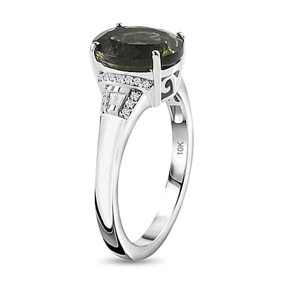 Luxoro AAA Bohemian Moldavite and G-H I2 Diamond 3.60 ctw Ring in 10K White Gold (Size 8.5)