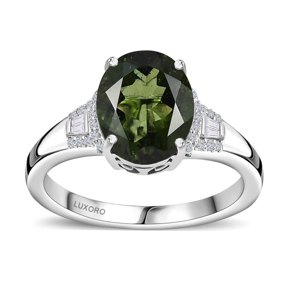 Luxoro AAA Bohemian Moldavite and G-H I2 Diamond 3.60 ctw Ring in 10K White Gold (Size 9.0) image number 0