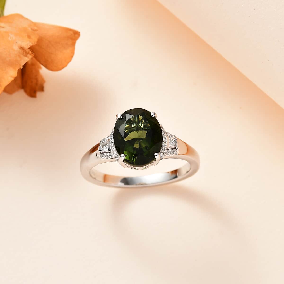 Luxoro AAA Bohemian Moldavite and G-H I2 Diamond 3.60 ctw Ring in 10K White Gold (Size 9.0) image number 1