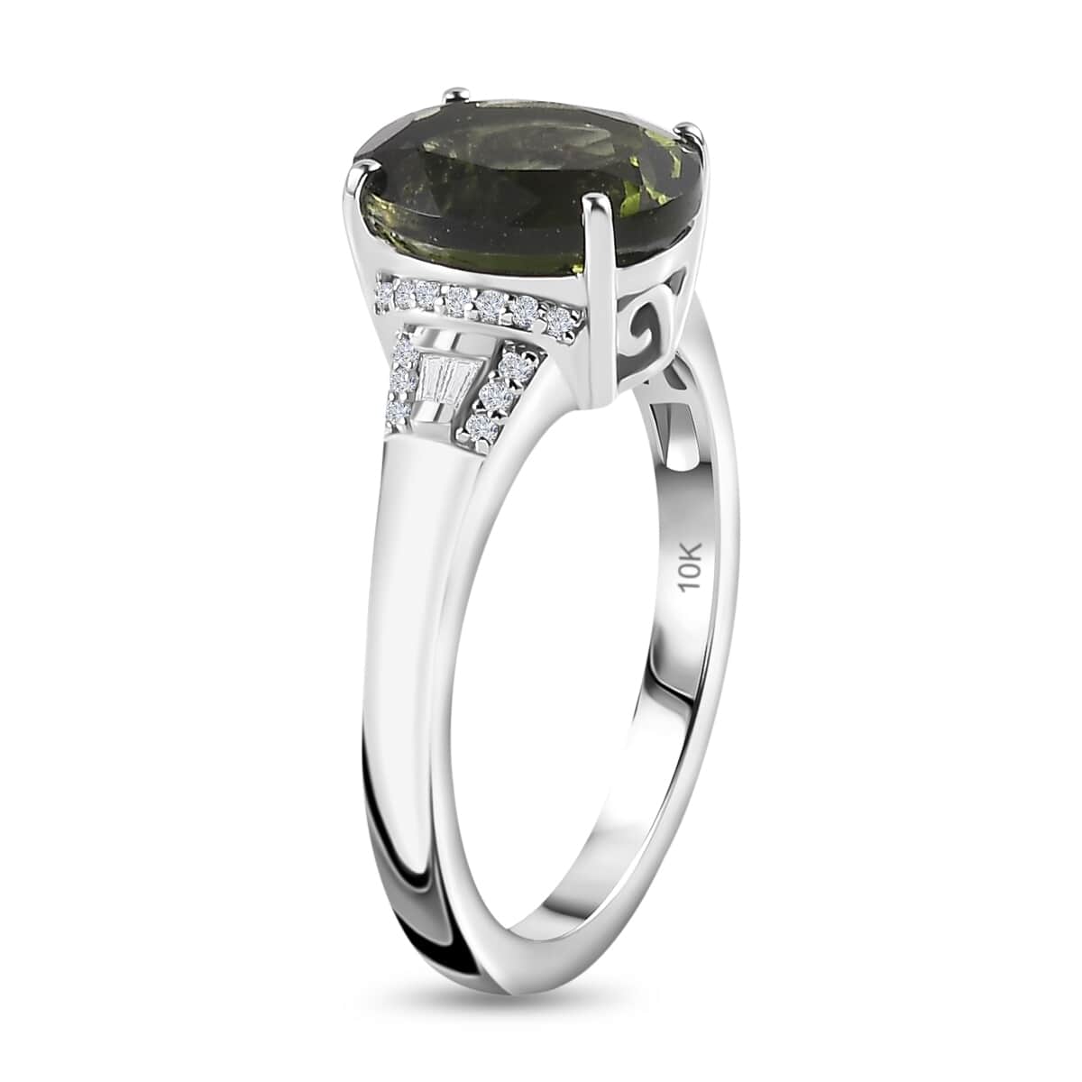 Luxoro AAA Bohemian Moldavite and G-H I2 Diamond 3.60 ctw Ring in 10K White Gold (Size 9.0) image number 3