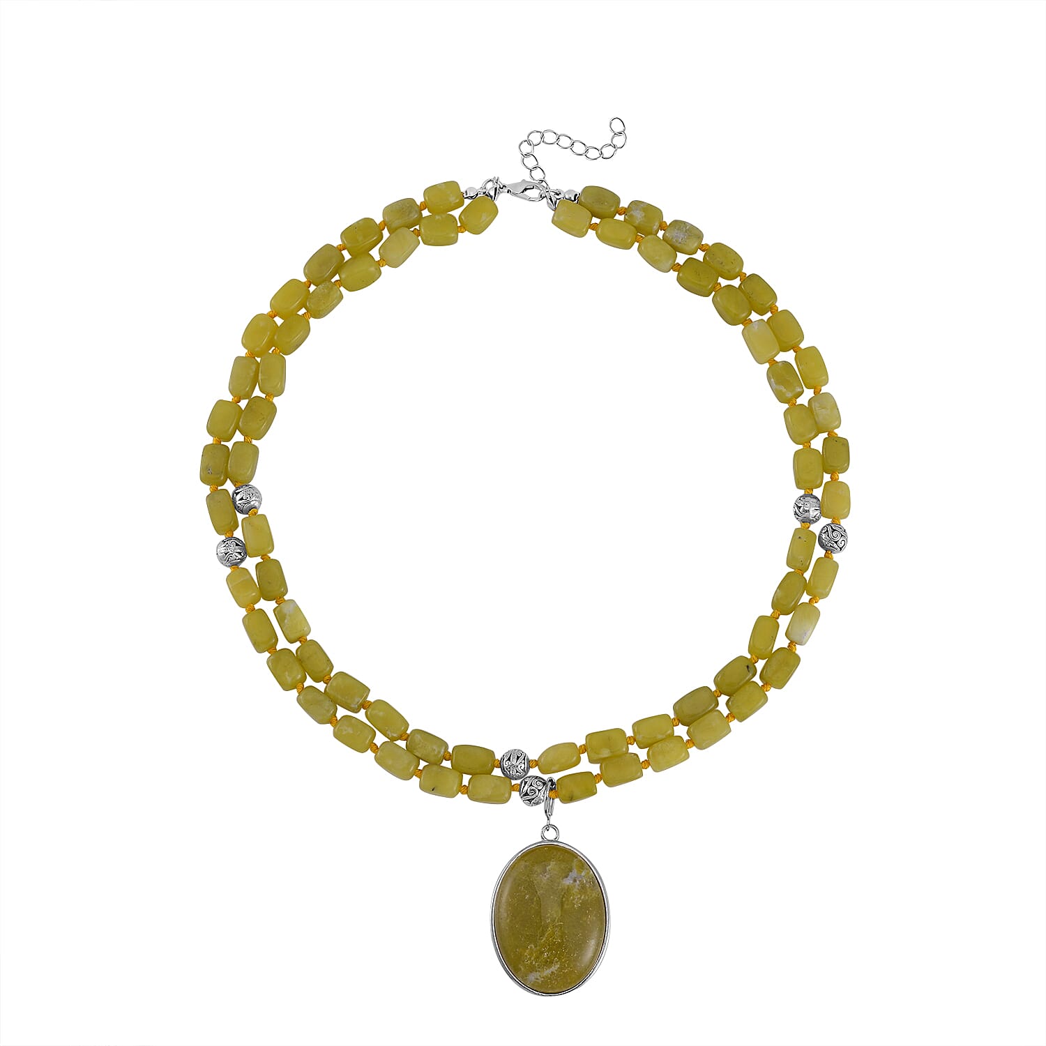 Lemon Quartz Two Row Beaded Necklace 20-22 Inches with Matching Pendant in Silvertone 628.25 ctw