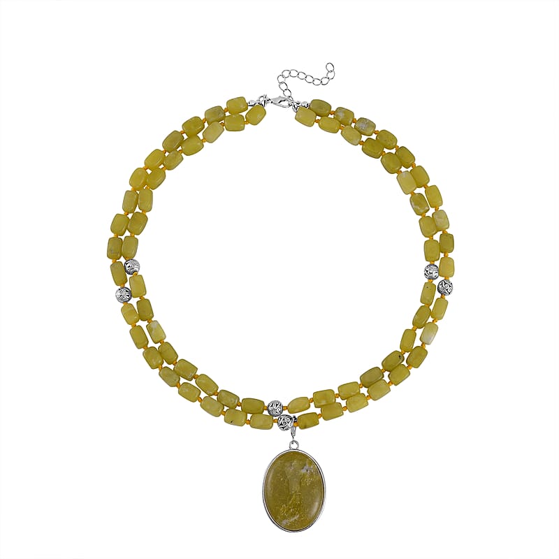 Lemon Quartz Two Row Beaded Necklace 20-22 Inches with Matching Pendant in Silvertone 628.25 ctw
