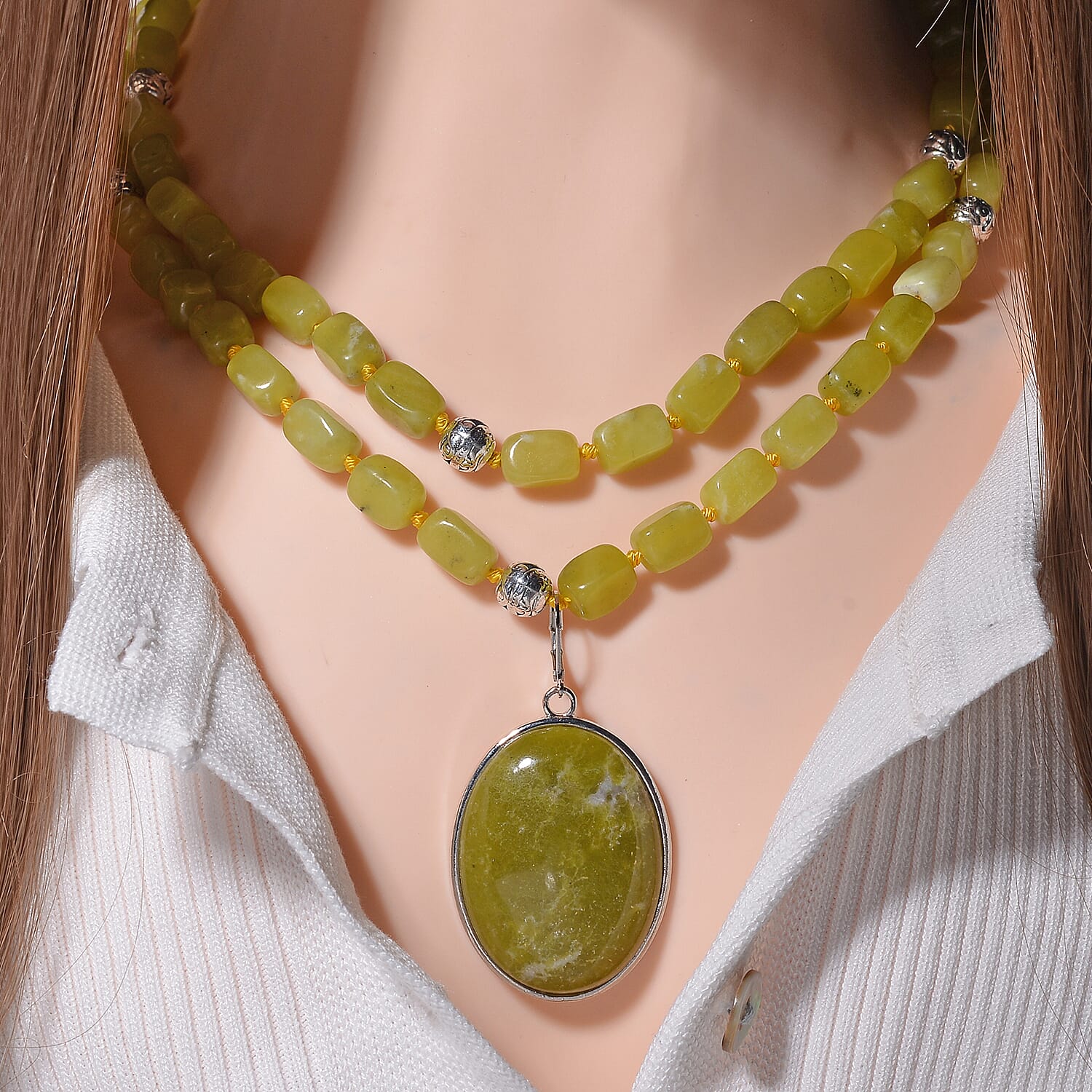 Lemon Quartz Two Row Beaded Necklace 20-22 Inches with Matching Pendant in Silvertone 628.25 ctw