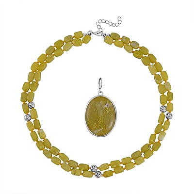Lemon Quartz Two Row Beaded Necklace 20-22 Inches with Matching Pendant in Silvertone 628.25 ctw