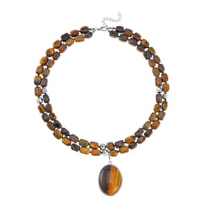 Yellow Tiger's Eye Two Row Beaded Necklace 20 Inches with Matching Pendant in Silvertone 549.25 ctw