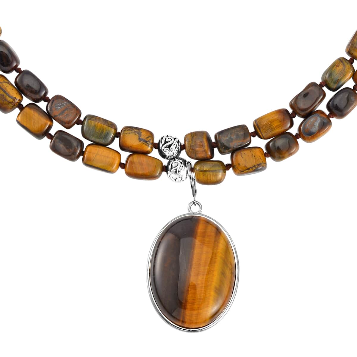 Yellow Tiger's Eye Two Row Beaded Necklace 20 Inches with Matching Pendant in Silvertone 549.25 ctw image number 2