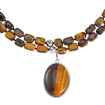 Yellow Tiger's Eye Two Row Beaded Necklace 20 Inches with Matching Pendant in Silvertone 549.25 ctw