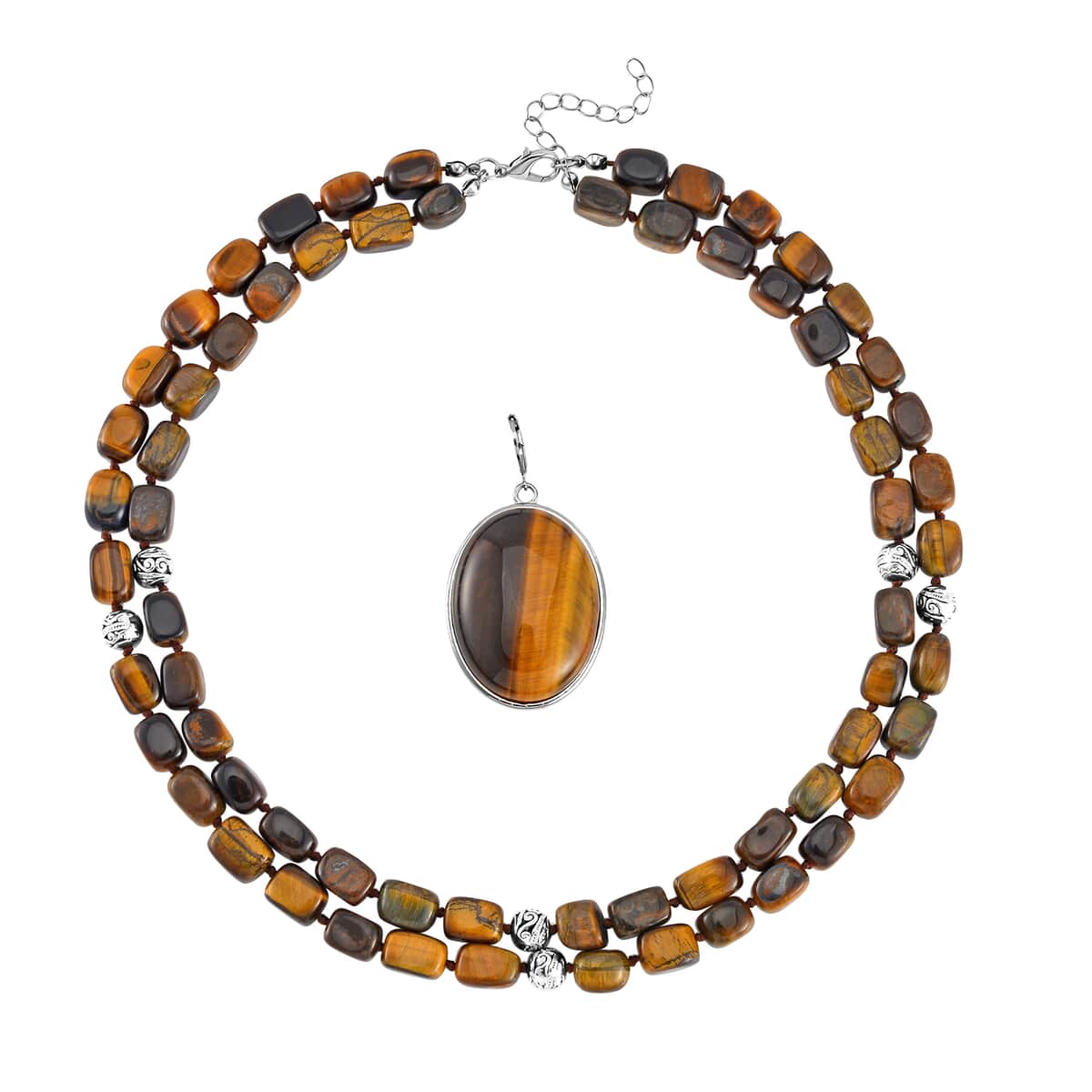 Yellow Tiger's Eye Two Row Beaded Necklace 20 Inches with Matching Pendant in Silvertone 549.25 ctw image number 3