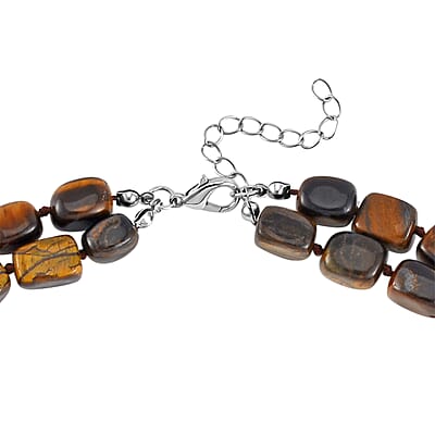 Yellow Tiger's Eye Two Row Beaded Necklace 20 Inches with Matching Pendant in Silvertone 549.25 ctw