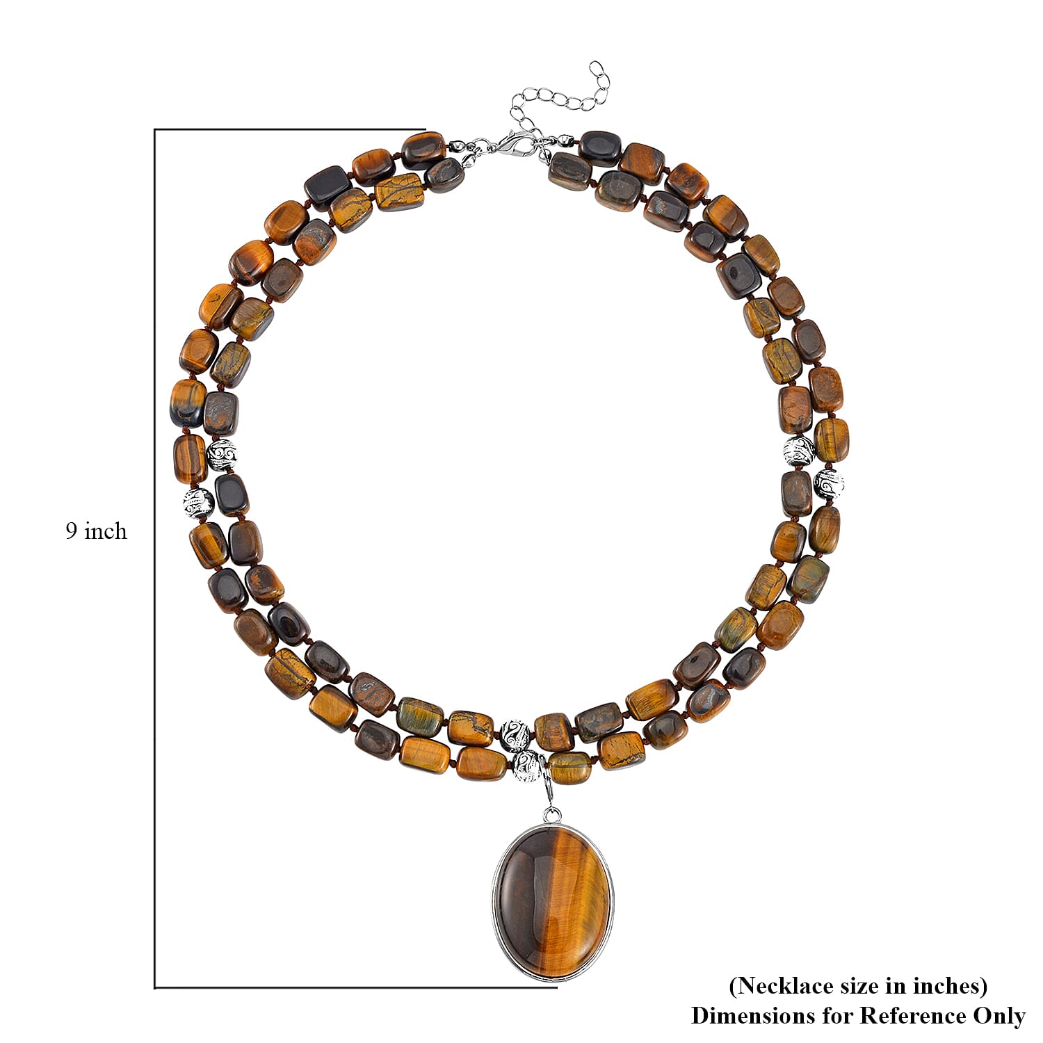 Yellow Tiger's Eye Two Row Beaded Necklace 20 Inches with Matching Pendant in Silvertone 549.25 ctw