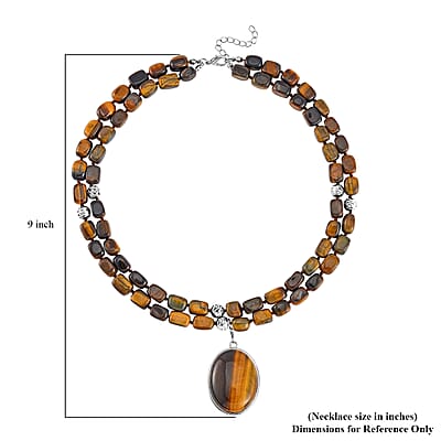 Yellow Tiger's Eye Two Row Beaded Necklace 20 Inches with Matching Pendant in Silvertone 549.25 ctw