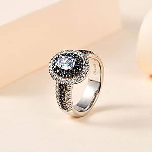 Ceylon Blue Sapphire and Moissanite Double Halo Ring in Platinum Over Sterling Silver (Size 10.0) 1.50 ctw