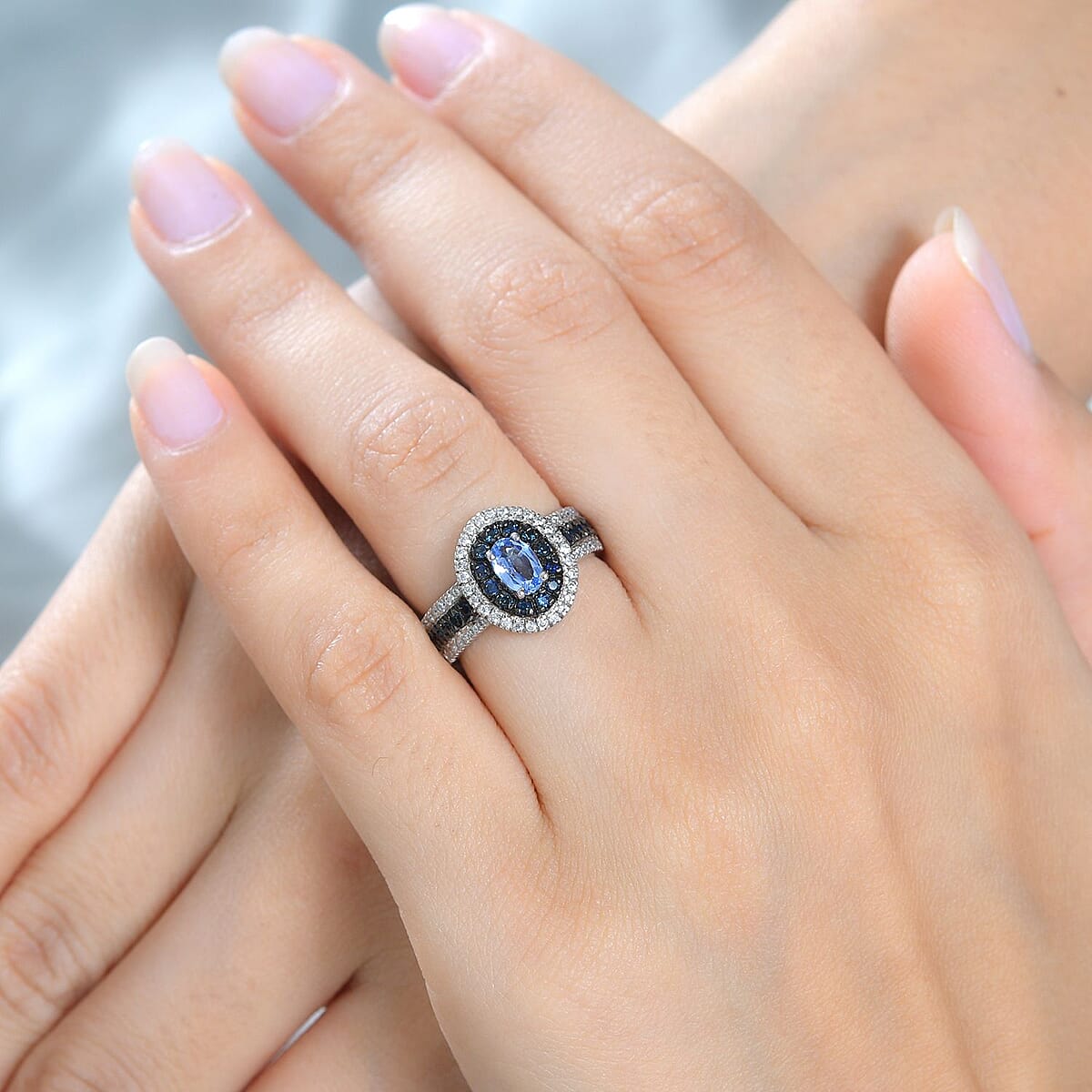 Ceylon Blue Sapphire and Moissanite Double Halo Ring in Platinum Over Sterling Silver (Size 10.0) 1.50 ctw image number 2