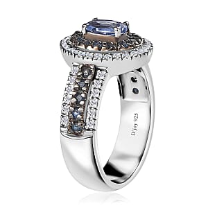 Ceylon Blue Sapphire and Moissanite Double Halo Ring in Platinum Over Sterling Silver (Size 10.0) 1.50 ctw