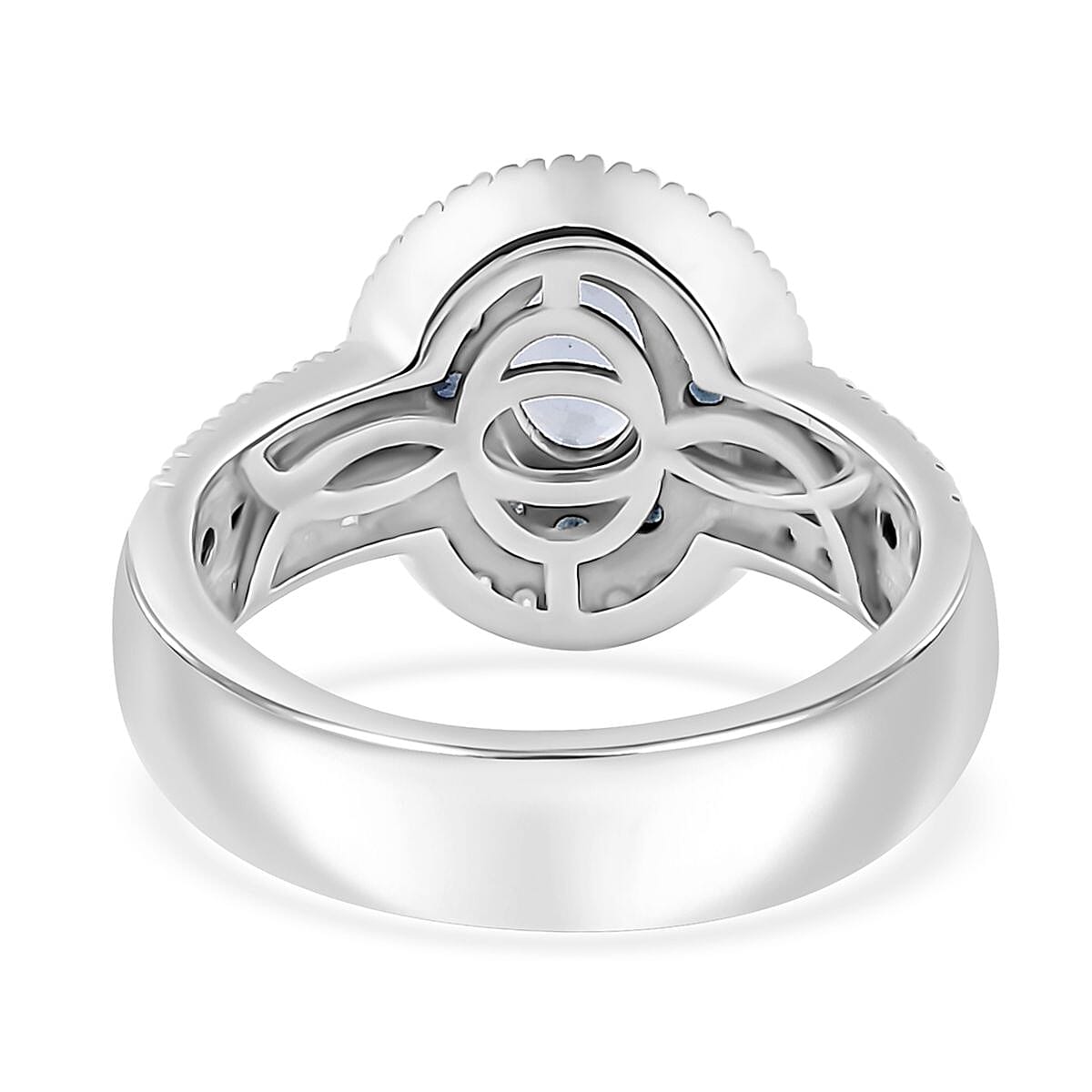 Ceylon Blue Sapphire and Moissanite Double Halo Ring in Platinum Over Sterling Silver (Size 10.0) 1.50 ctw image number 4